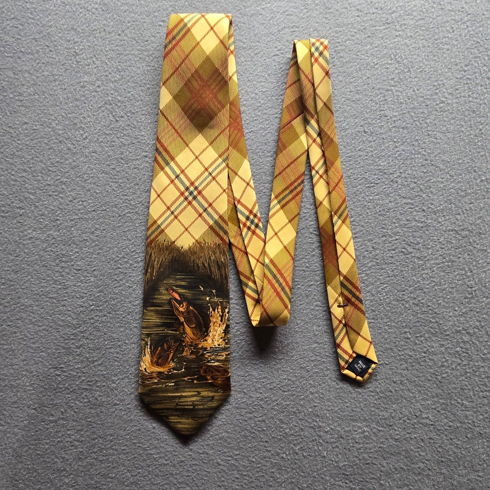 Polo Ralph Lauren Silk Tie YellowPlaid Bass Fishing Graphic Made in USA HandMade